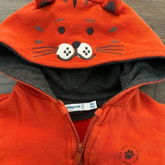 MAYORAL Orange Tiger Zip Up Top Sweatshirt, 12 mo - Picture 4 of 6